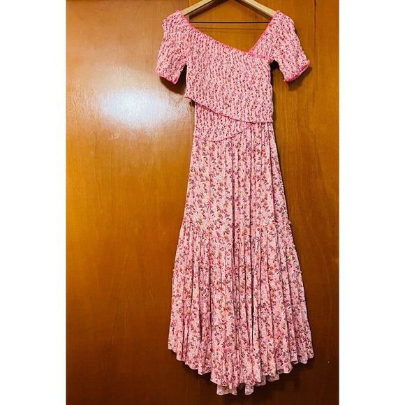 Poupette St Barth Soledad Smocked Midi Dress Pink Damask Floral Off Shoulder - Picture 9 of 16